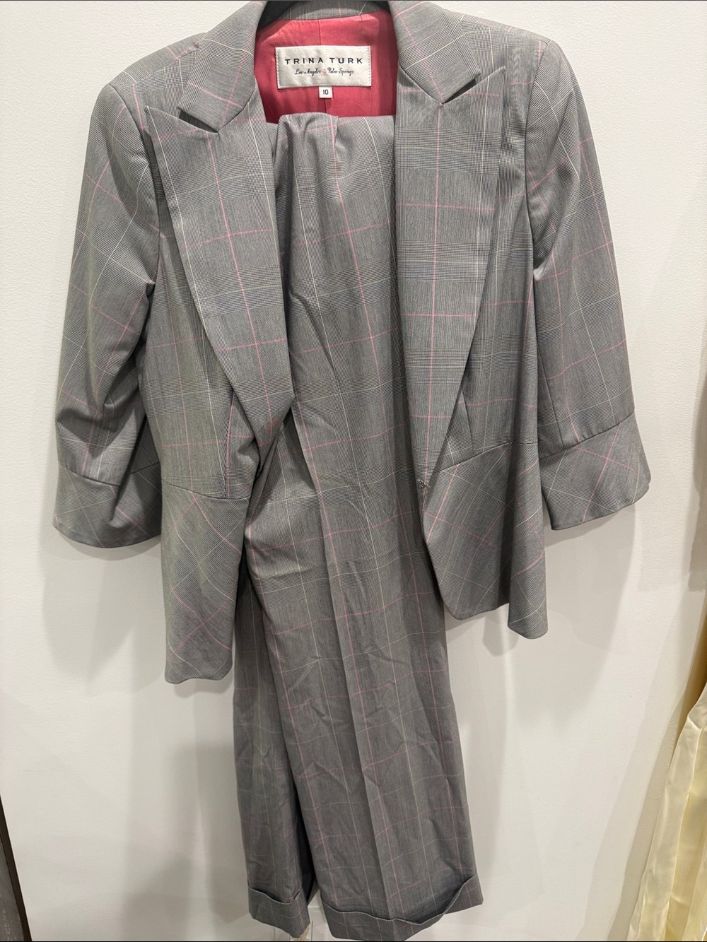 Trina Turk Gray Plaid Suit with Pink Windowpane